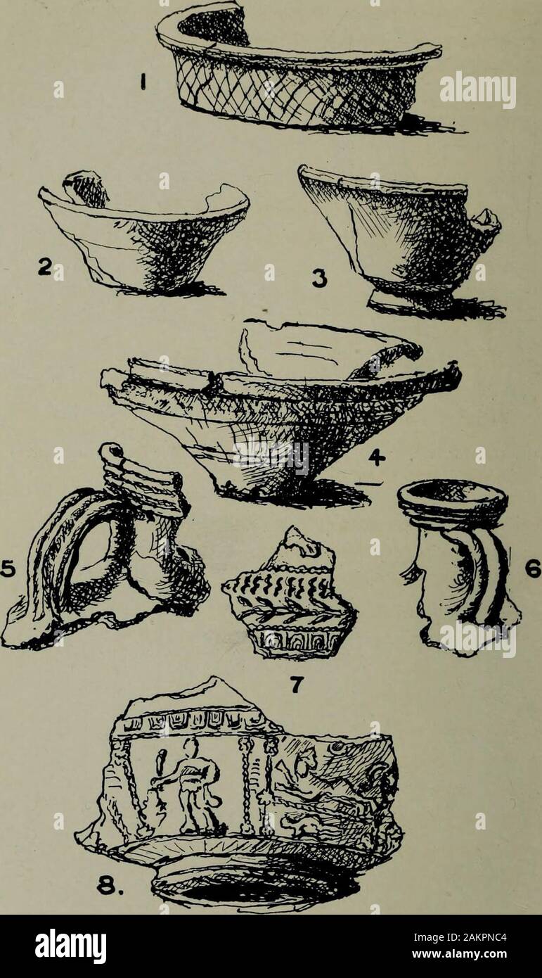 Greenwich Park: its history and associations . Inscription on Sandstone. Inscription on Marble. From Daily Graphic FROM THE ROMAN VILLA. Sketched by Miss A. A iry. i.âBlack or Pot Ware. 2, 3, 4, 7 & 8.âSamian Ware. 5 8c 6.âNecks of Jars. ROMAN REMAINS. J$ Ivory and Bone.âA small piece of ivory withcarving of woman holding shield above her headânicely executed. The carved side of a box. Knitting needle and pin. Ivory veneers. Bronze.âChain work. Part of fibula. Small pair of neatly finished box hinges with holes for rivets.Box or other ornament.Eyeglass rim.Nail cleaner.Triangular piece of bron Stock Photo