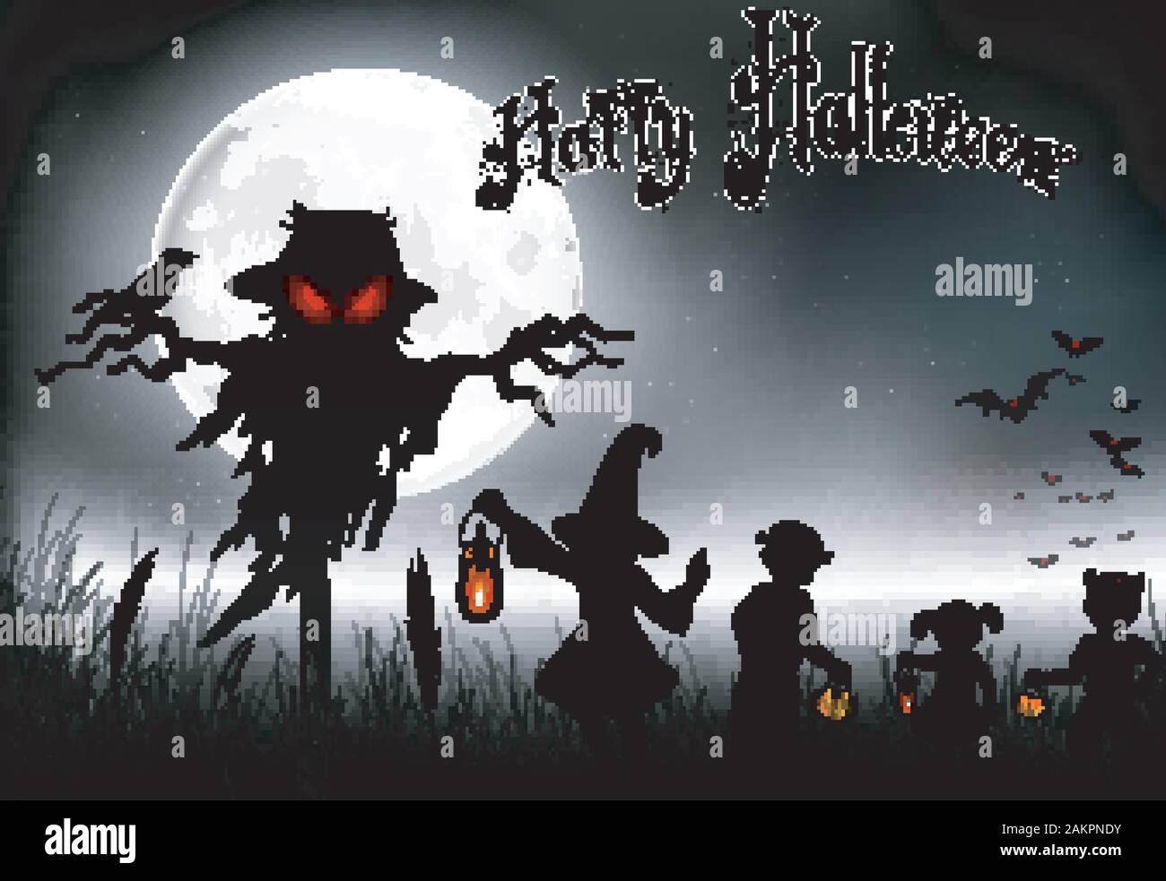 Halloween background with ghost and little girls on the full moon ...