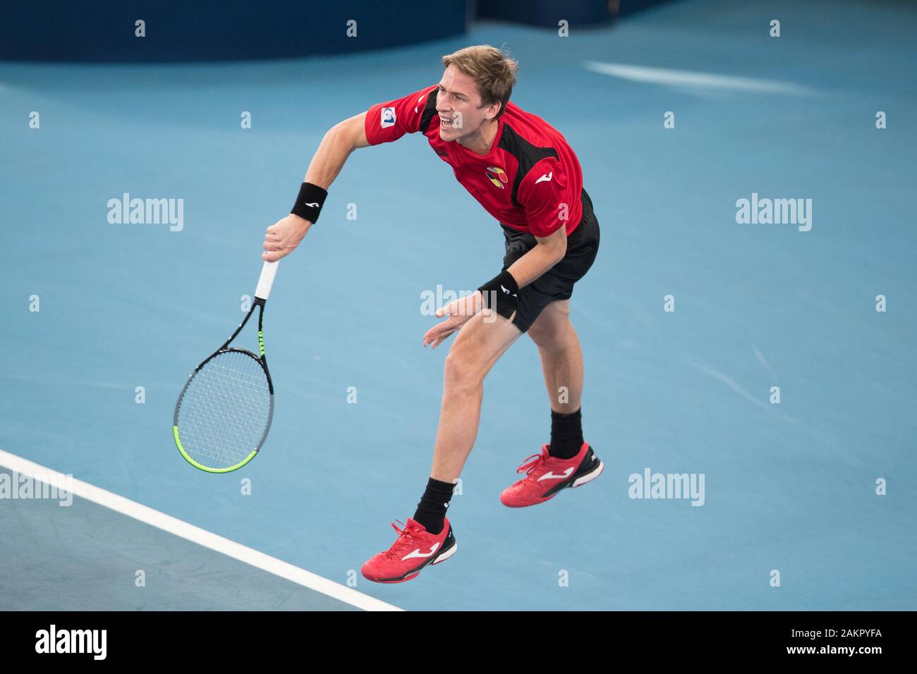Sydney, Australia. 10th Jan, 2020. Kimmer Coppejans of Belgium plays a shot  during the 2020 ATP Cup Final Eight at the Ken Rosewall Arena, Sydney,  Australia on 10 January 2020. Photo by