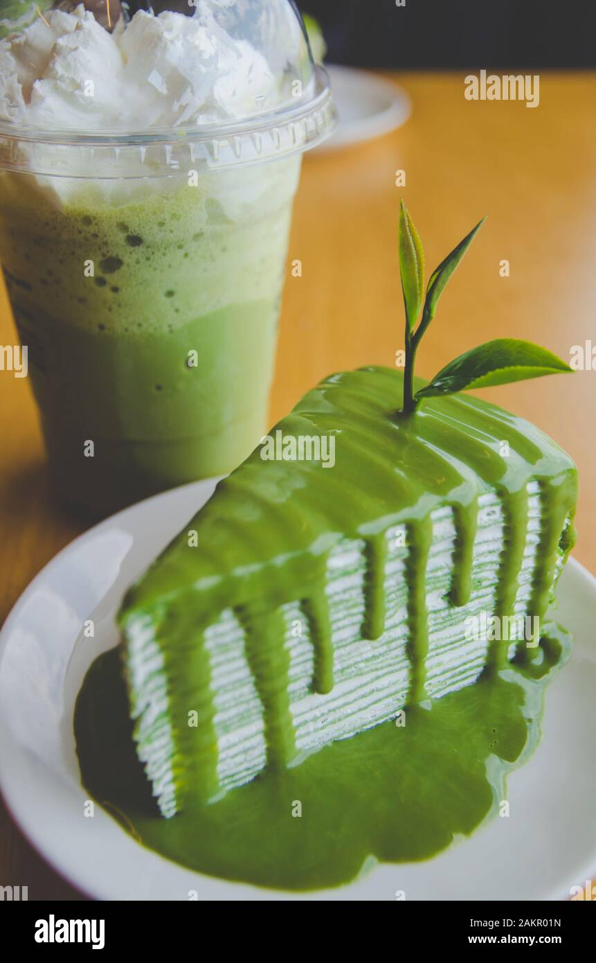 green tea crepe cake and green tea iced Stock Photo Alamy