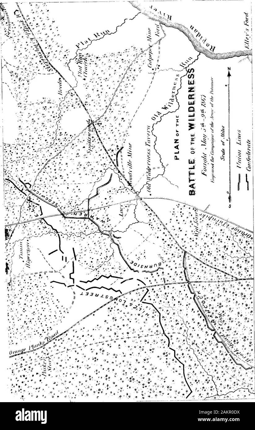 Campaigns of the Army of the Potomac [electronic resource]: a critical history of operations in Virginia, Maryland and Pennsylvania, from the commencement to the close of the war 1861-5 . up of the corps of Warren and Sedgwick, to cross atGermanna Ford; the left column, consisting of Hancockscorps, at Elys Ford, sis miles below. Warrens corps, forming the advance of the right column,marched from the vicinity of Culpepper, and, preceded byWilsons cavalry division, reached Germanna Ford at sixoclock of the morning of Thursday, the 4th; and as soon asthe bridge was laid, began the passage, which Stock Photo