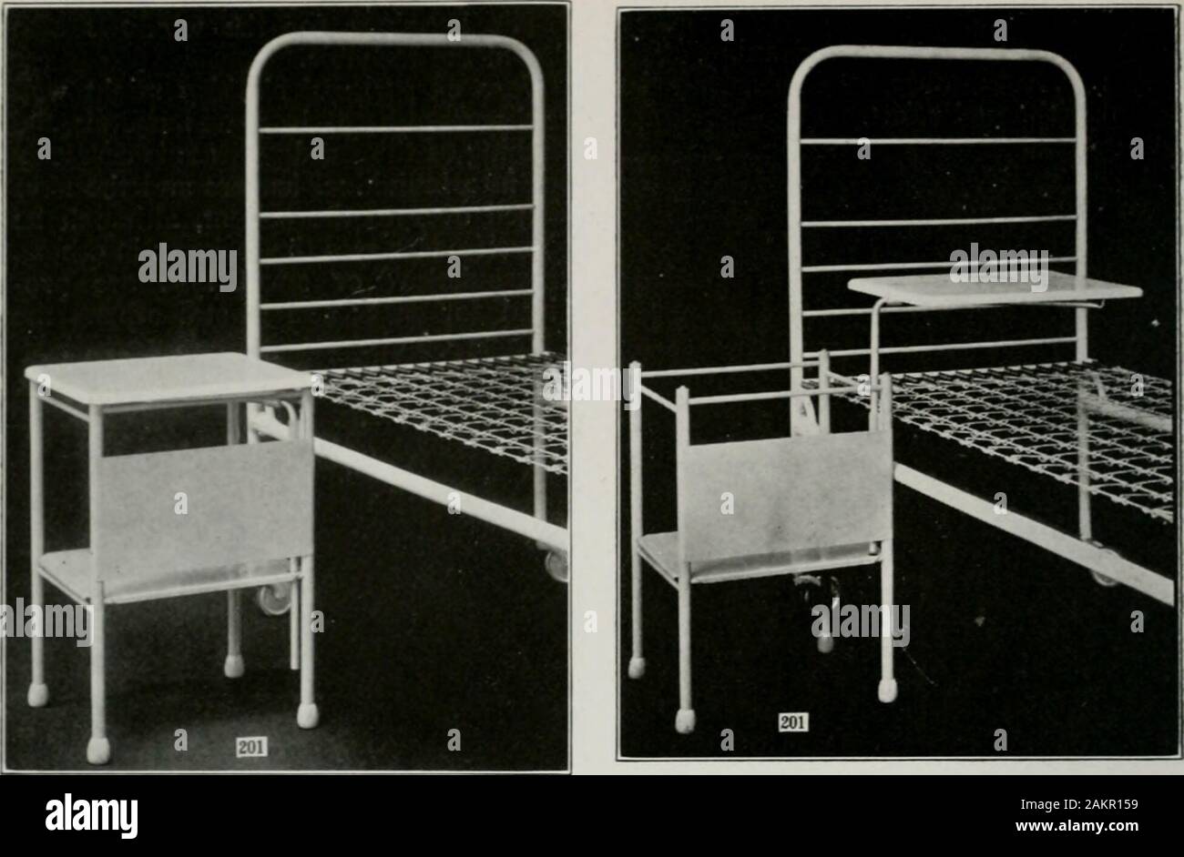 The American hospital of the twentieth century; a treatise on the development of medical institutions, both in Europe and in America, since the beginning of the present century . FIG. 369. TWO-PART MATERNITY BED, AMERICAN MANUFACTURE. 220 THE AMERICAN HOSPITAL. IIG. 370. ADJUSTABLE BEDSIDE TABLE. side with that of others in a clothingroom. The method adapted by the writerfrom the system used in the Miinich-Schwabing Hospital (Fig. 373) is thatof cloth lockers or bags of sufficient sizeto hold the clothing without folding. The Stock Photo