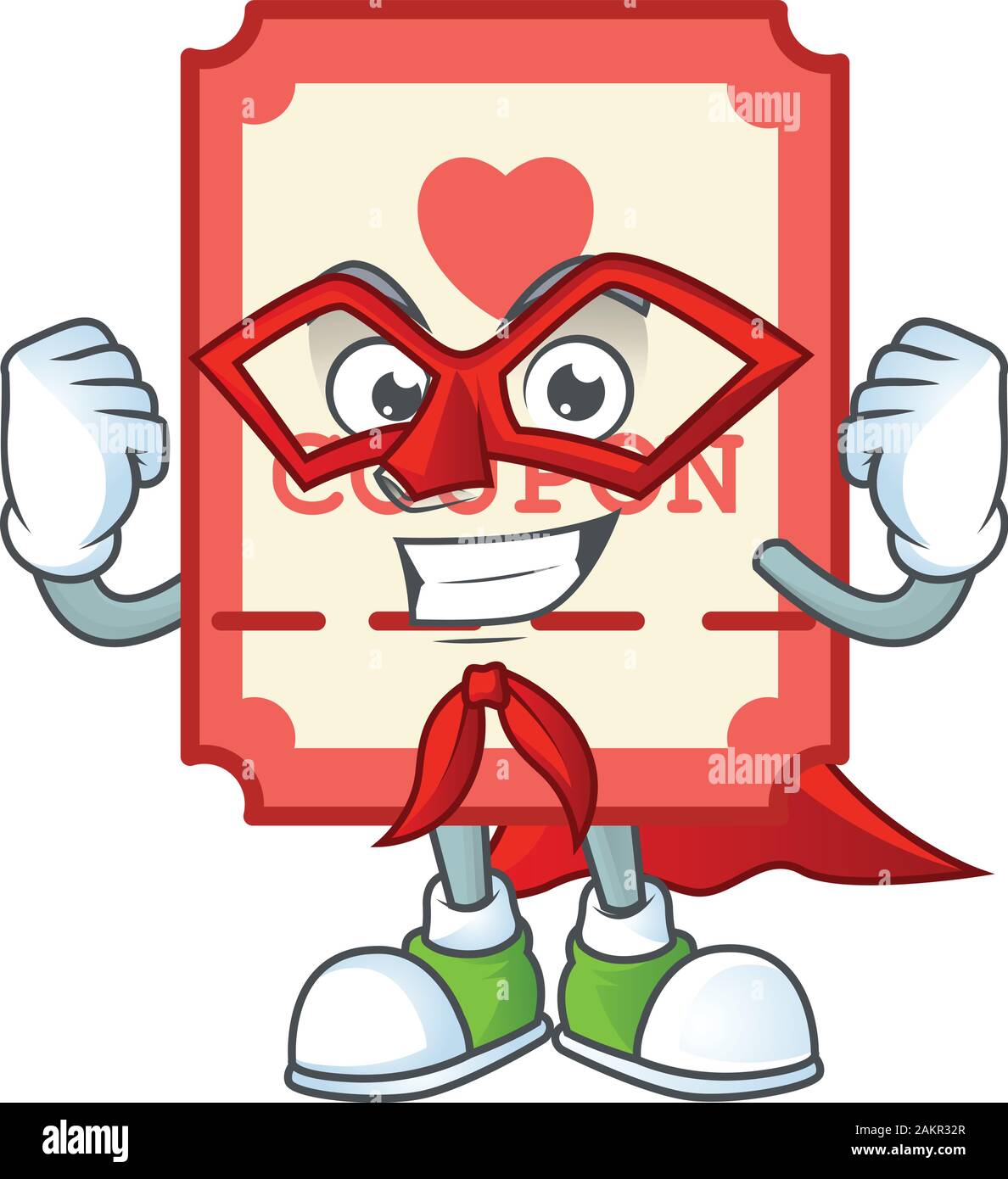 Smiley mascot of red love coupon dressed as a Super hero Stock Vector