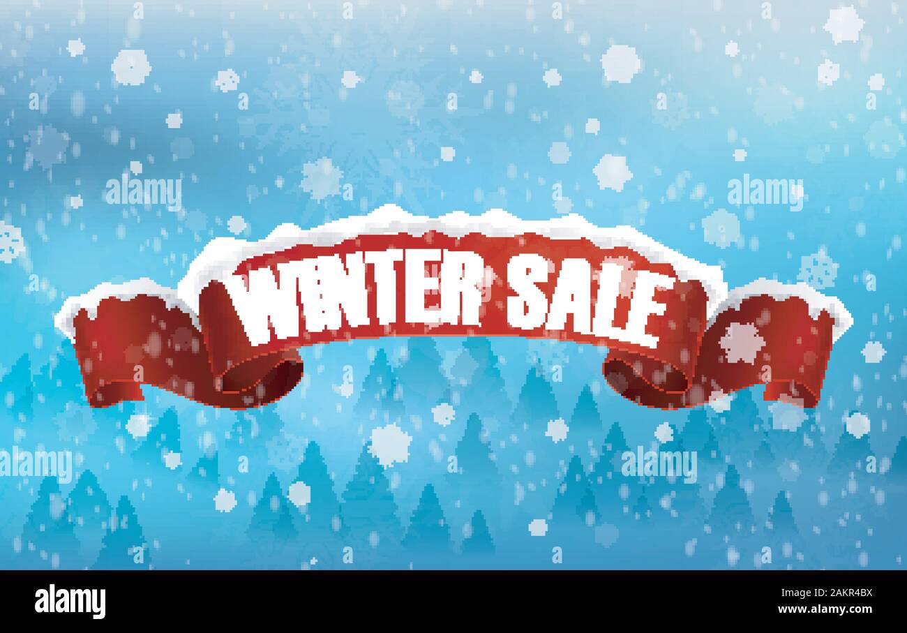 Winter sale background with red realistic ribbon banner and snow Stock ...