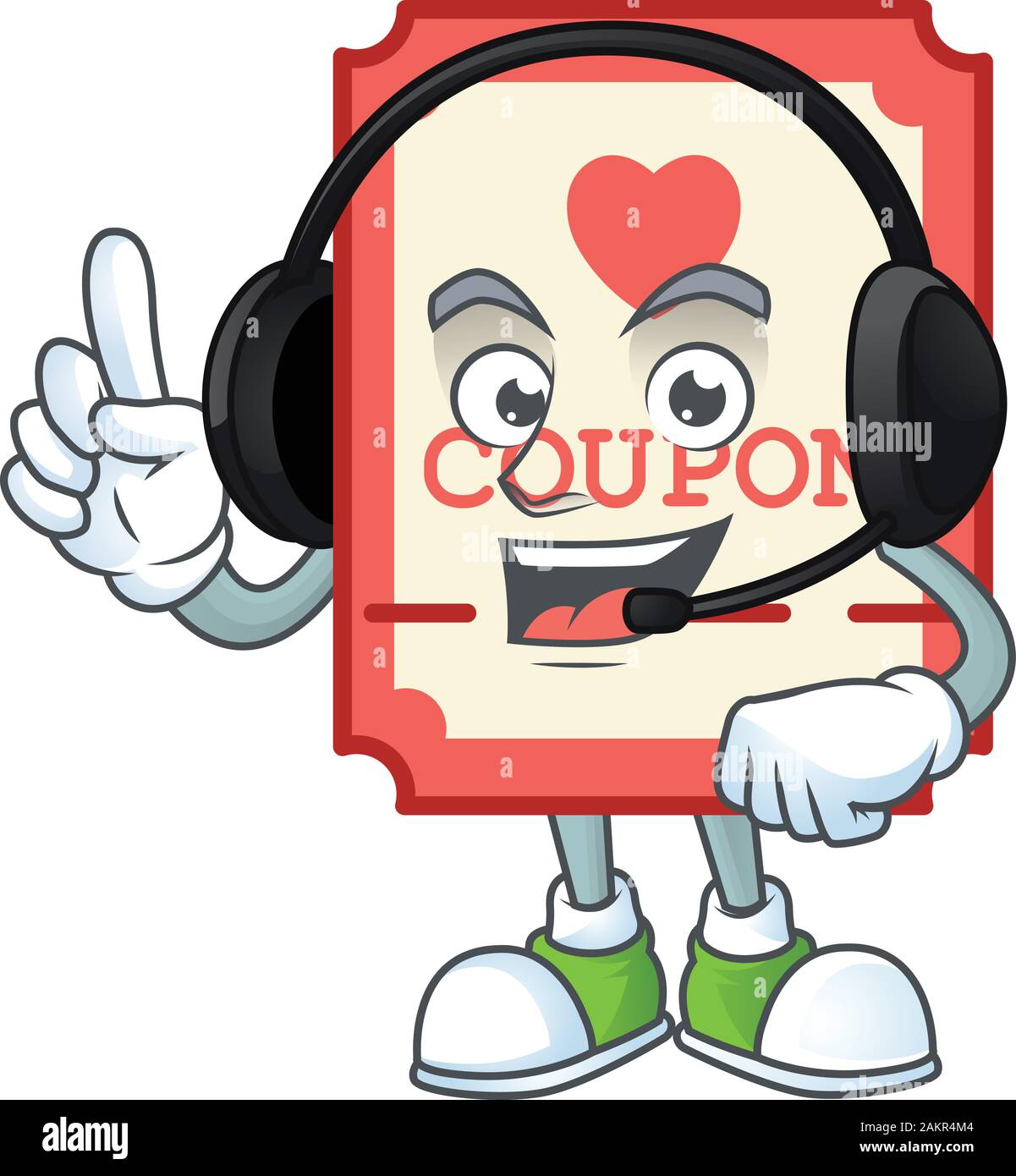 Smiley red love coupon cartoon character design wearing headphone Stock