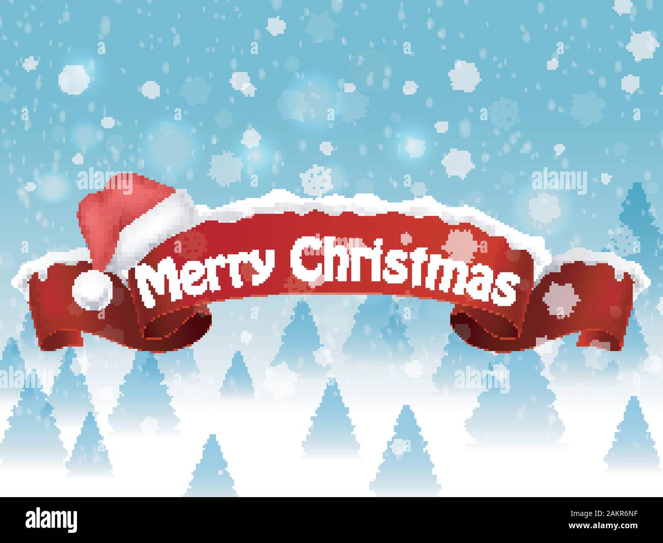 Merry christmas background with red realistic ribbon banner and snow ...