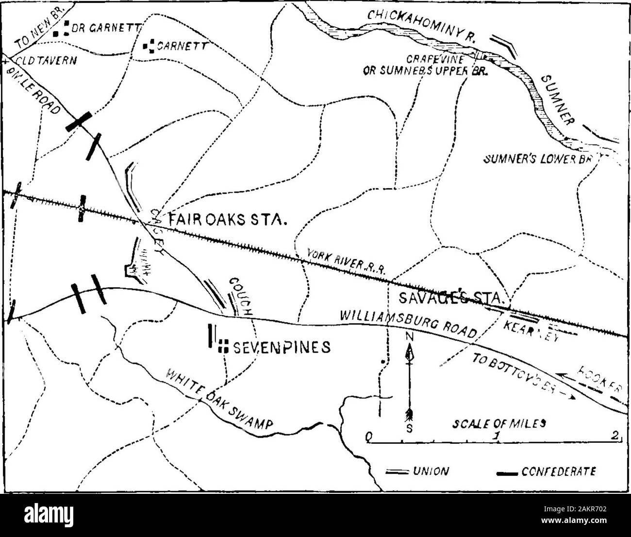 Campaigns of the Army of the Potomac [electronic resource]: a critical history of operations in Virginia, Maryland and Pennsylvania, from the commencement to the close of the war 1861-5 . ders) satisfied me that the enemy was not in force onthe Charles City road, but was on the Williamsburg road, and that he hadfortified himself about the Seven Pines. The fact was further established, thatthe whole of Keyes corps had crossed the Chickahominy. These facts I com-municated to General Johnston about noon on Friday, 30th of May. I receiveda prompt answer from him, that, being satisfied by my report Stock Photo