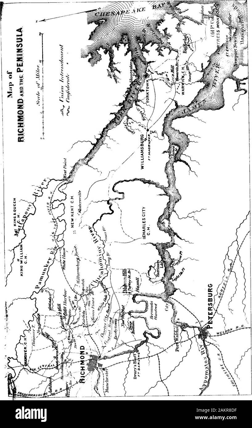 Campaigns of the Army of the Potomac [electronic resource]: a critical history of operations in Virginia, Maryland and Pennsylvania, from the commencement to the close of the war 1861-5 . on the 17th ofMarch. It was followed by Porters division on the 22d, andthe other divisions took their departure as rapidly astransports could be supplied. General McClellan reachedFortress Monroe on the 2d of April, and by that time therehad arrived five divisions of infantry, three regiments ofcavalry, the artillery division, and artillery reserve—makingin all fifty-eight thousand men and one hundred guns. Stock Photo
