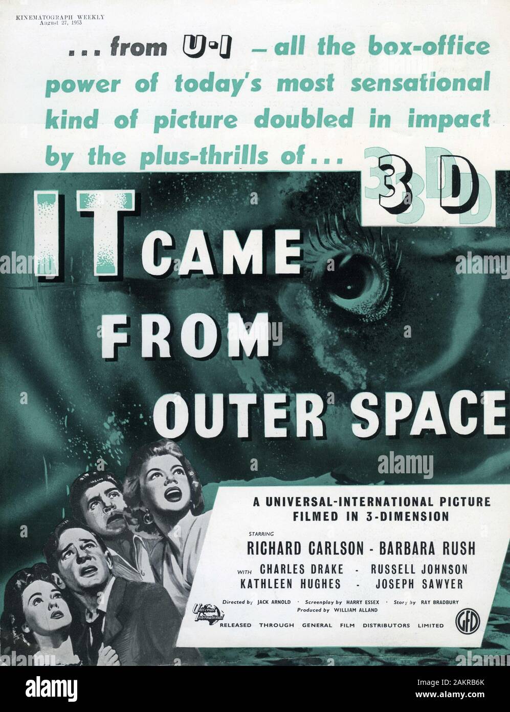RICHARD CARLSON BARBARA RUSH CHARLES DRAKE AND KATHLEEN HUGHES in IT CAME FROM OUTER SPACE 1953 director JACK ARNOLD story RAY BRADBURY filmed in 3D producer William Alland Universal International Pictures (UI) / General Film Distributors (GFD) Stock Photo