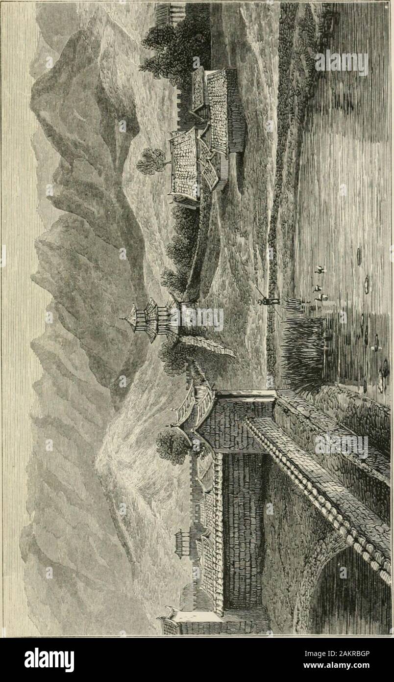 Mandalay to Momien: A narrative of the two expeditions to western China of 1868 and 1875, under Colonel Edward BSladen and Colonel Horace Browne . eavy ironcladwooden valves, which were carefully shut at night-fall. Yiewed from a distance, the walls and turrets,with a lofty pagoda and the roof of the watch-tower,seemed to indicate a populous and thriving town; butwithin the walls was almost emptiness. The broadrectangular streets were comparatively deserted, saveby a few Panthay soldiers, who with their familiesformed the sole intramural population. But fewhouses remained uninjured, the best o Stock Photo