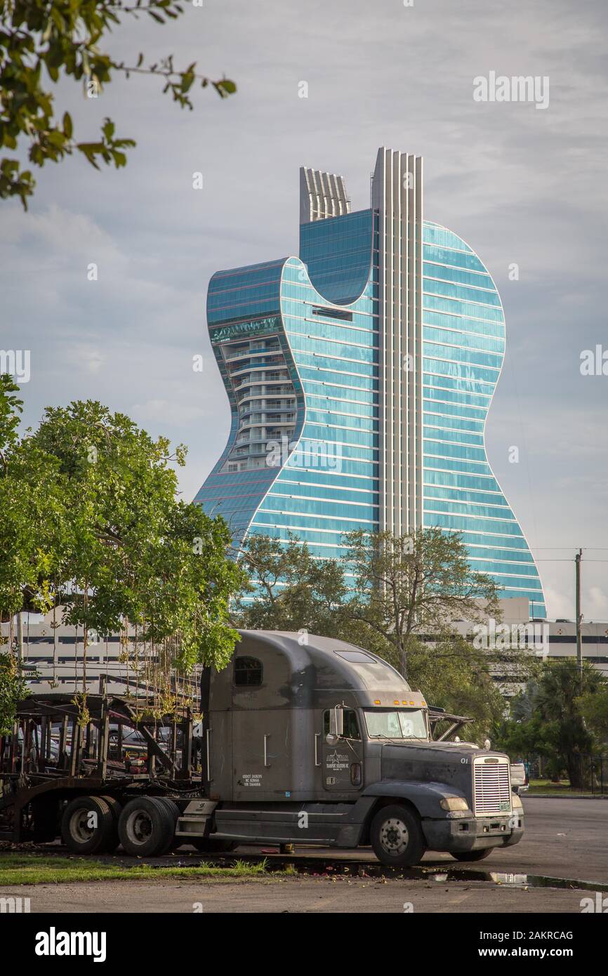 Seminole Hard Rock Hotel and Casino, hotel in the shape of a guitar, in front of the truck, Fort Lauderdale, Florida, USA Stock Photo