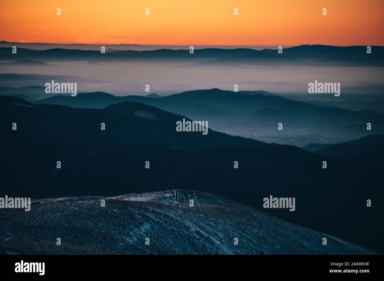 Late morning light in mountains, sunrise sky and beautiful colors. Stock Photo