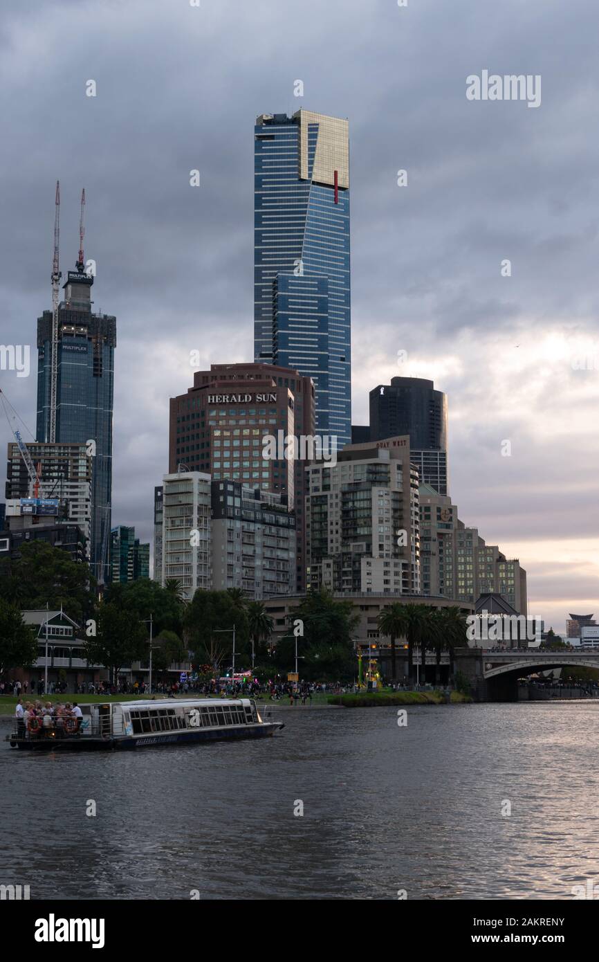 MELBOURNE, AUSTRALIA - 10 March 2019: The Eureka Tower and half built Australia 108 tower along the Yarra River Stock Photo