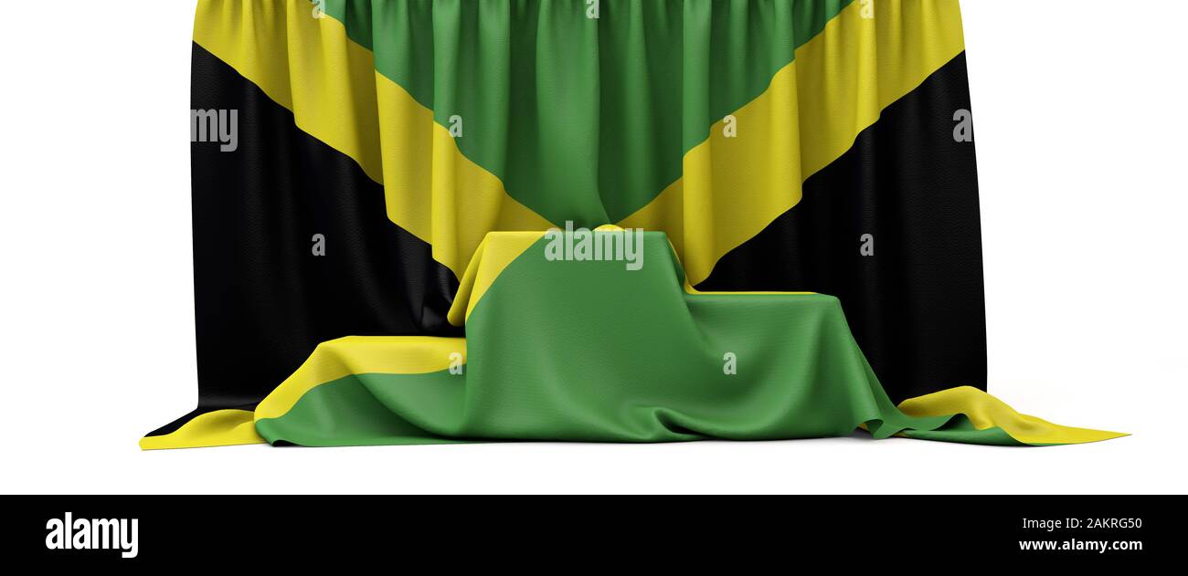 Jamaica flag draped over a competition winners podium. 3D Render Stock Photo