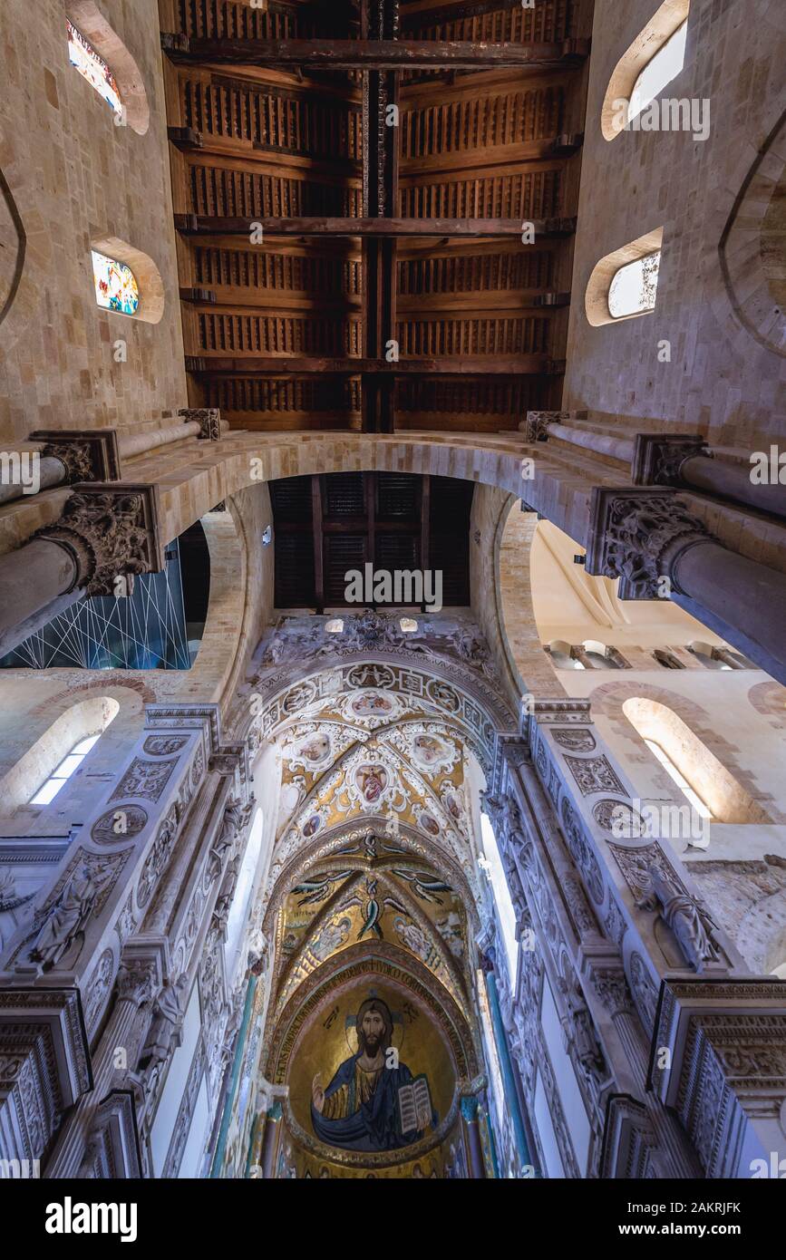 Chancel with Christ Pantocrator mosaic in Basilica Cathedral of Transfiguration in Cefalu city and comune located on Sicily Island, Italy Stock Photo