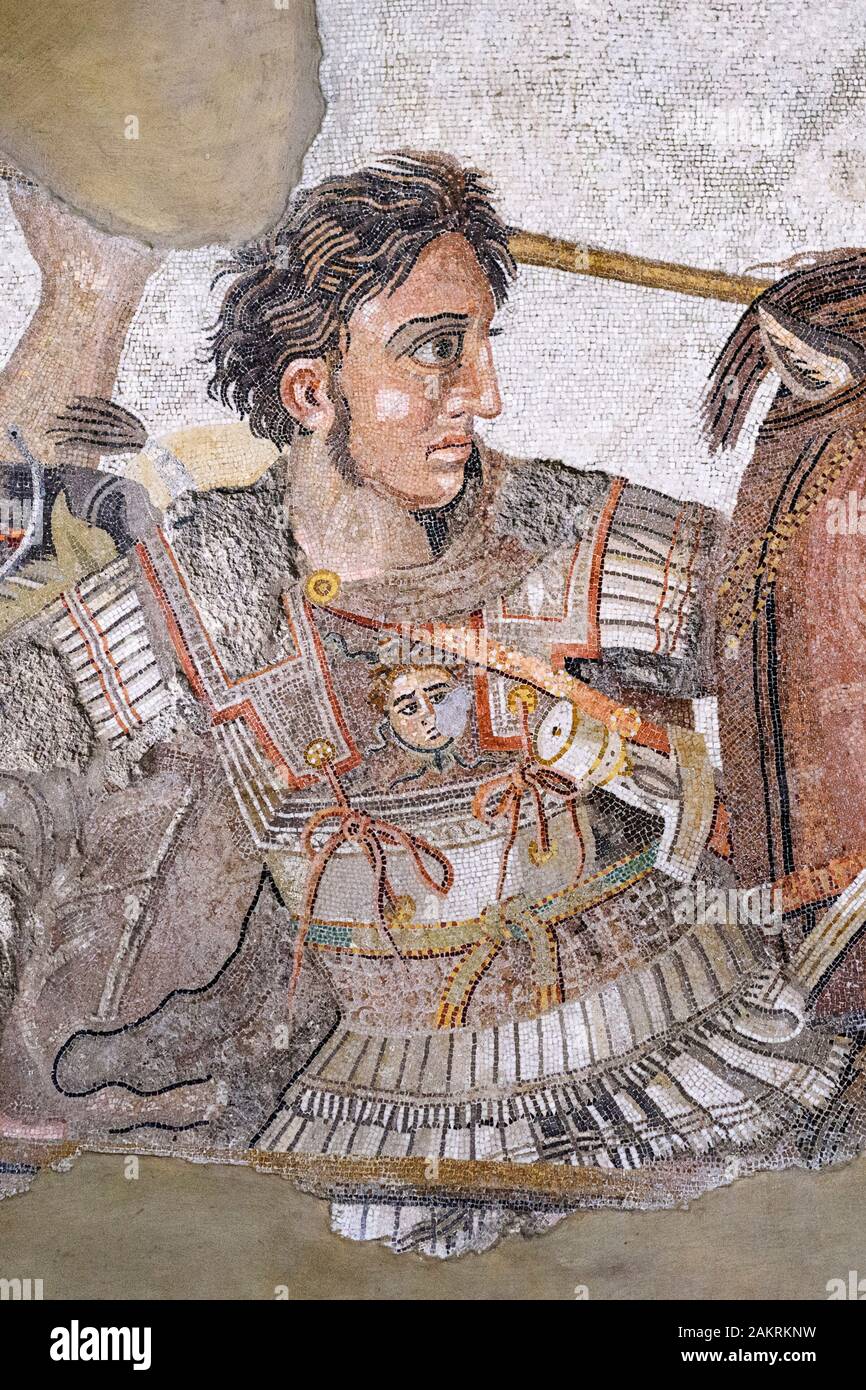 Naples. Italy. Detail of Alexander the Great on horseback, Alexander Mosaic floor from the House of Faun at Pompeii, (ca. 120 BC), Museo Archeologico Stock Photo