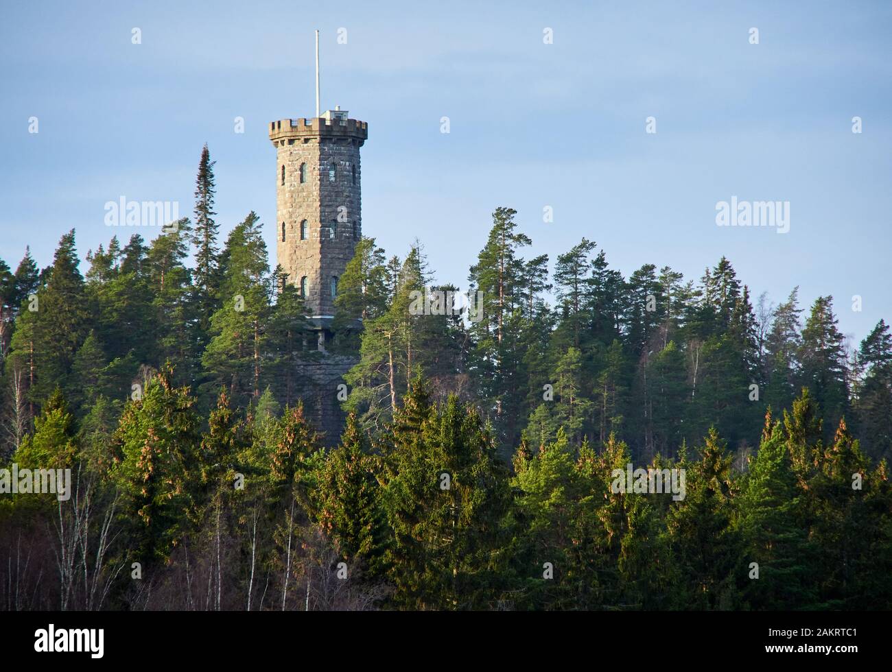 Late autumn landscape at Aulanko nature park in Finland. The Aulanko lookout tower and the sunny snowless winter forest. Climate change in consept. Stock Photo