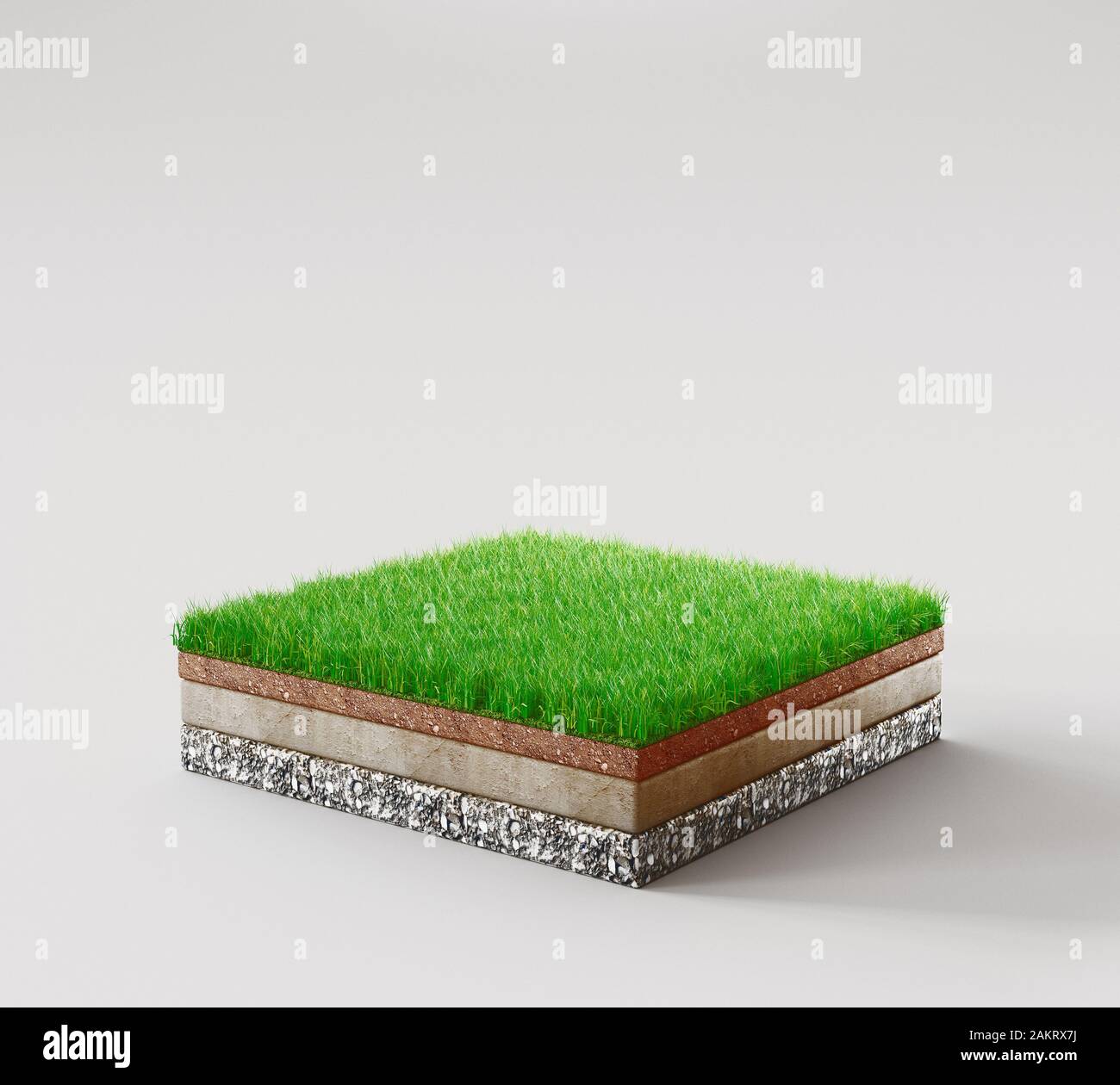 Ground or soil layers. Perspective empty space of green grass square isolated on white background. 3d rendering Stock Photo