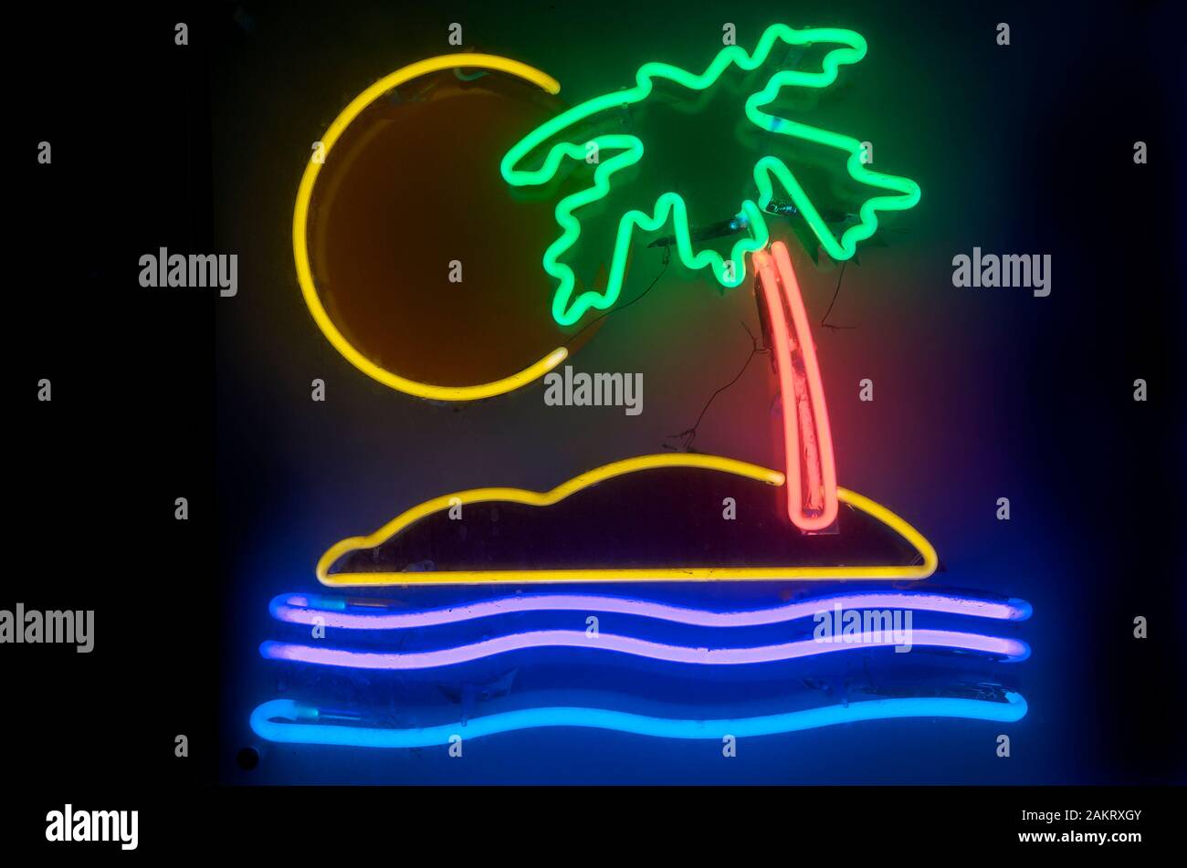 Night view of simple neon island with tropical palm tree, sun and ...