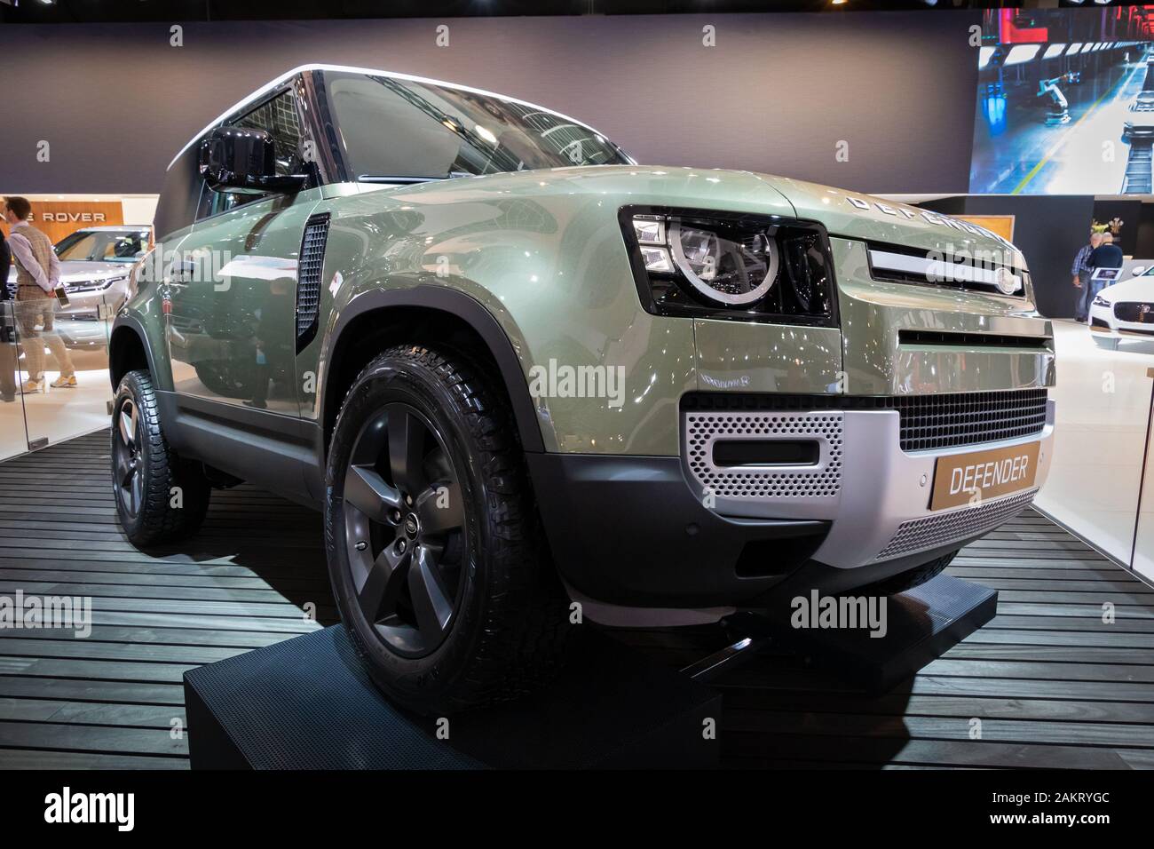 BRUSSELS - JAN 9, 2020: New Land Rover Defender 2020 car showcased at the Brussels Autosalon 2020 Motor Show. Stock Photo