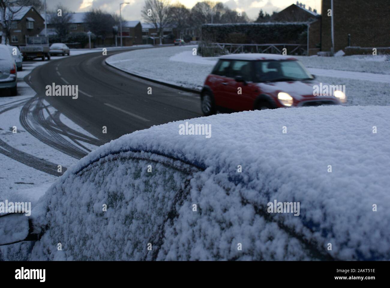 snow cold weather Hazard, icy road conditions Stock Photo