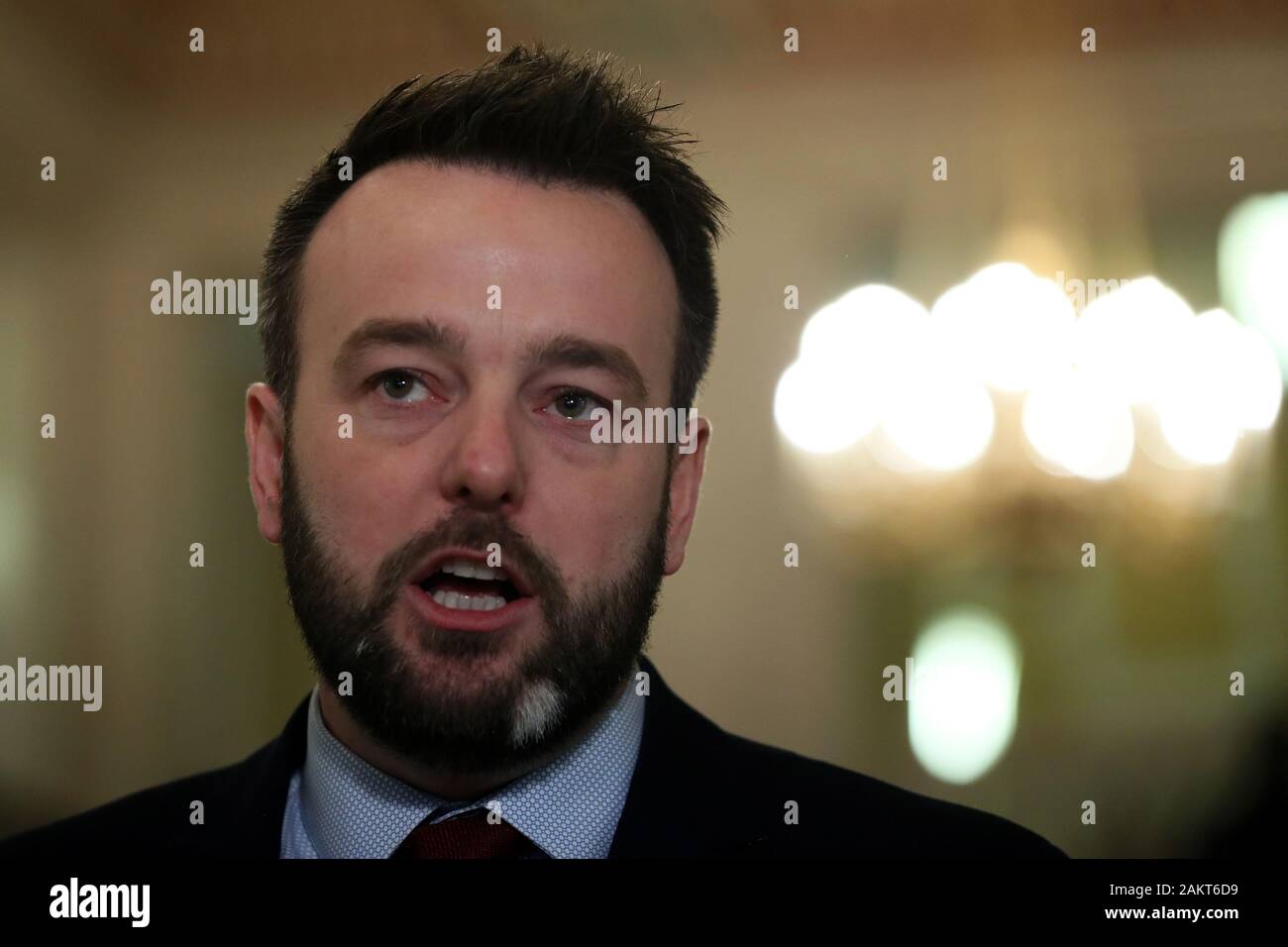 SDLP leader Colum Eastwood speaks to the media in the Great Hall of Parliament Buildings, Stormont, as talks to resurrect the devolved government in Northern Ireland have been taking place. Stock Photo