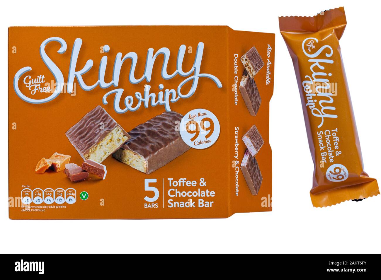 Box of guilt free Skinny Whip Toffee & Chocolate Snack Bar opened with one  removed isolated on white background - less than 99 calories Stock Photo -  Alamy