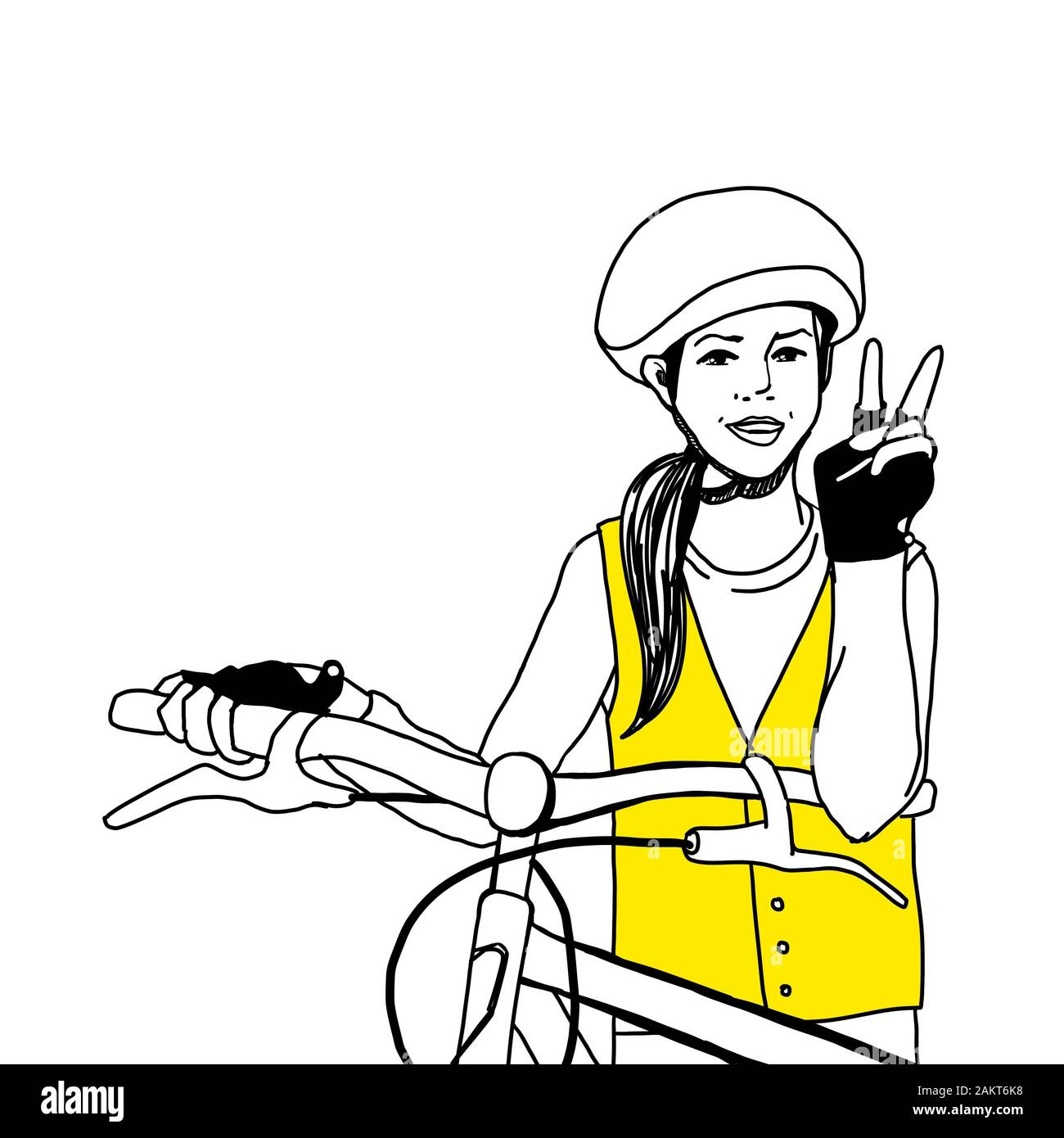 Smiling girl is wearing a helmet and  reflective safety vest and riding a bicycle. Sketch style black line on white background and yellow vest. Drawn Stock Photo