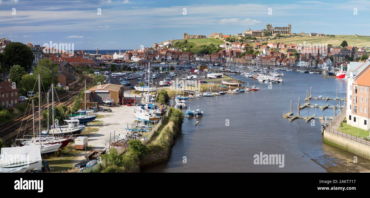 Panorama of Whitby from the A171 road bridge, looking towards the sea. Stock Photo
