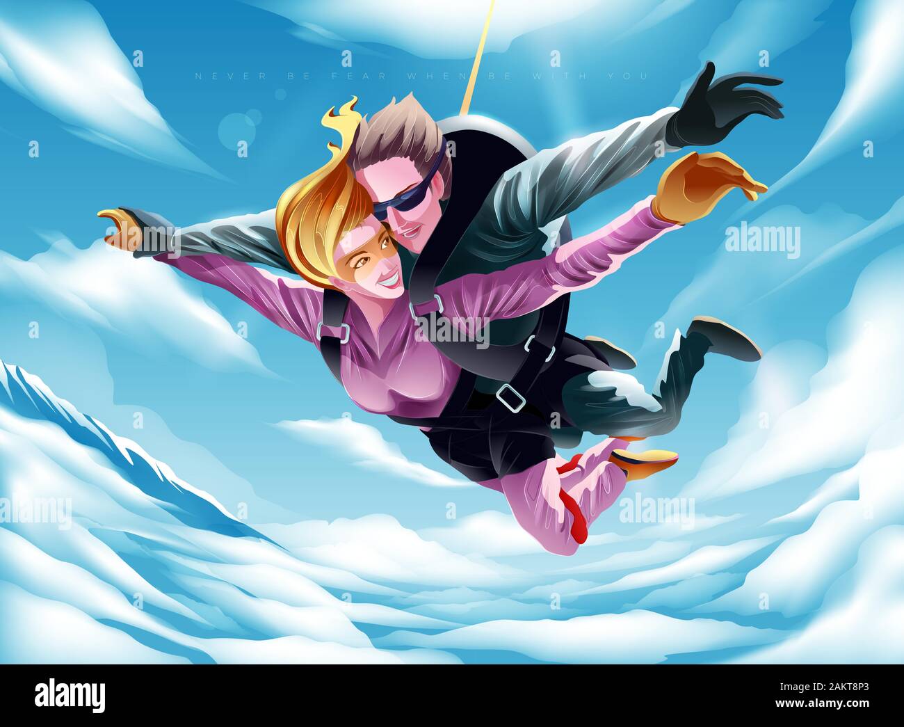 Vector illustration of a young couple parachuting together, in which the girl stares at her lover or her husband with the love and trust that is given Stock Vector