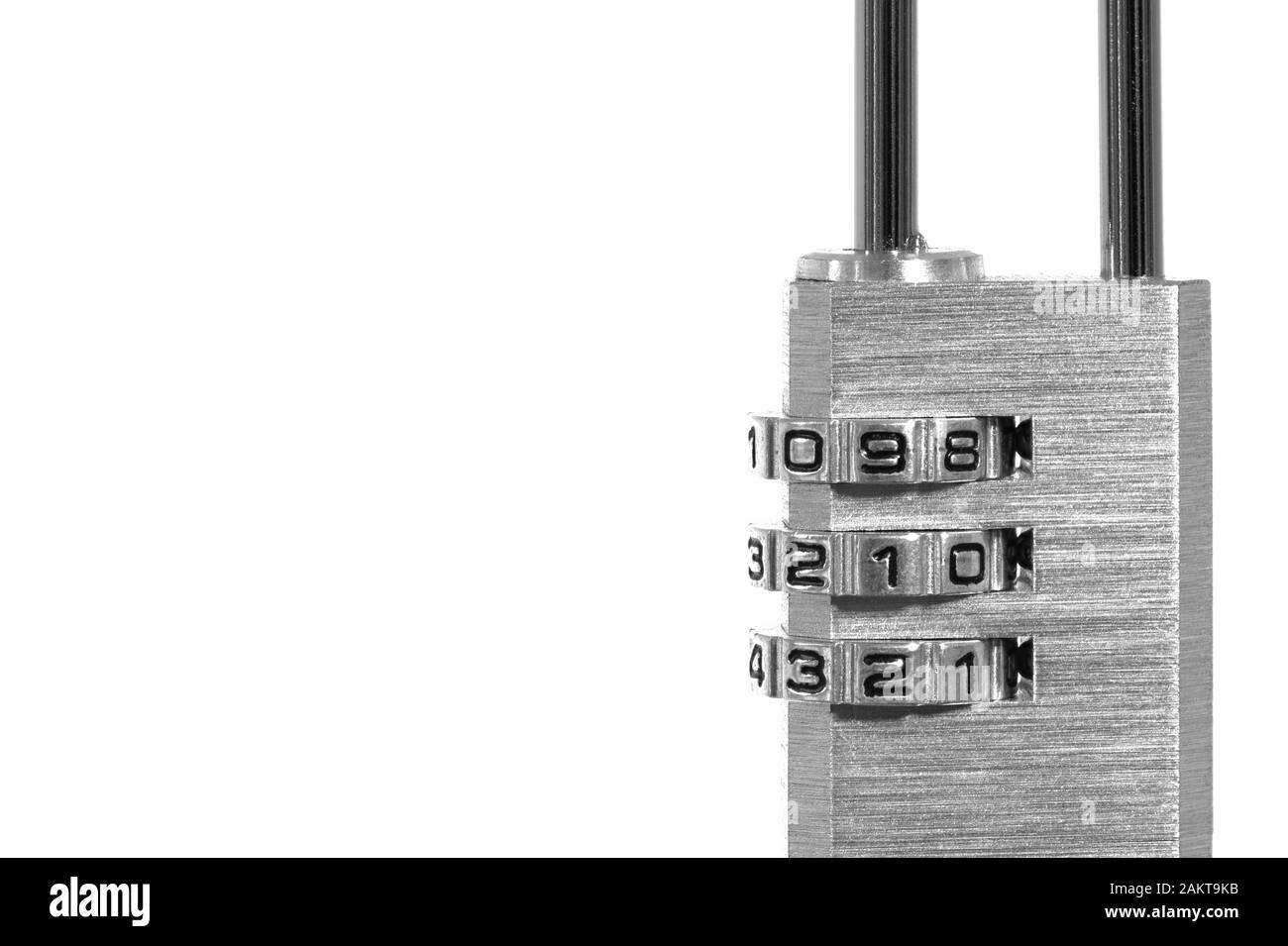 Combination padlock with digit rolls. Safety lock in black and white, monochrome style with copy space. Concept for security and safety. Stock Photo