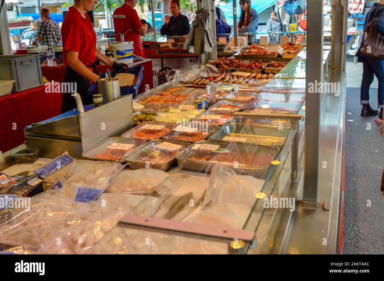 Amsterdam, Holland, August 2019.Bench of fish at a local market Stock