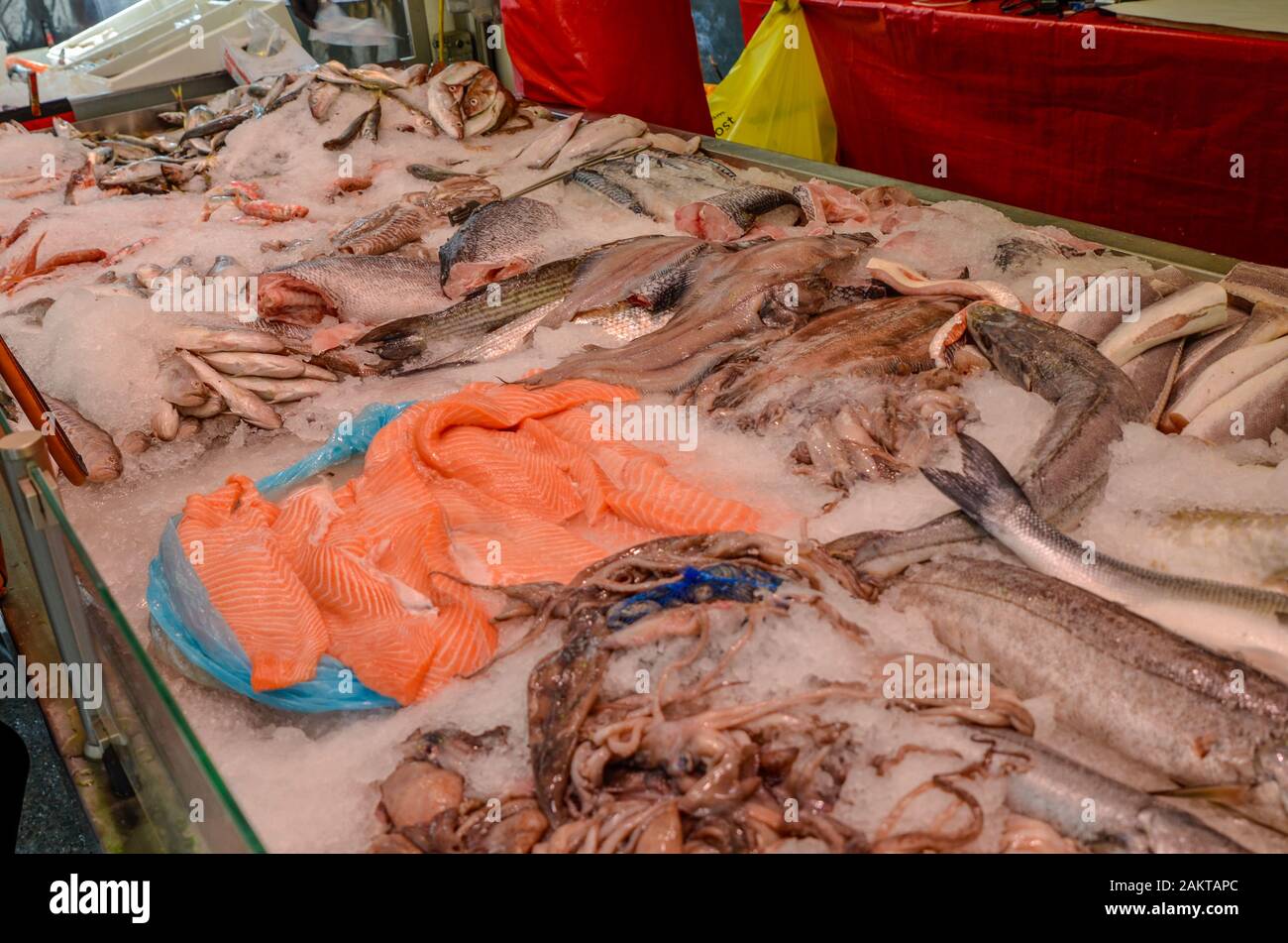 Amsterdam, Holland, August 2019.Bench of fish at a local market Stock