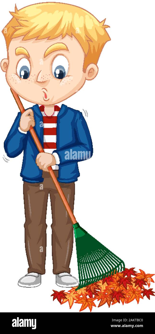 Boy raking leaves on isolated background illustration Stock Vector ...