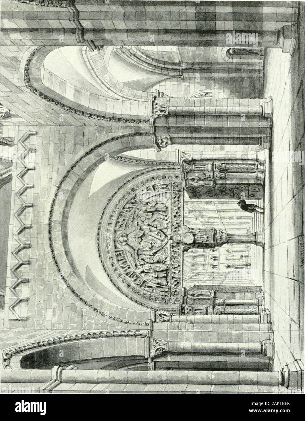 Byzantine and Romanesque architecture . e lowerstorey, while the upper, which is a triforium or gallery,has a ramping vault that gives effectual abutment to thevault of the central nave. In the narthex the pointedarch makes its appearance in the constructive features forthe first time. All the nave arches are round. The nave and aisles are in a sombre round-archedstyle ; and the stringcourses and labels are heavy, anddecorated with rosettes, a favourite Burgundian ornament.The piers are compound, with attached shafts; and thearches, as well as the transverse ribs of the vault arebuilt with alt Stock Photo