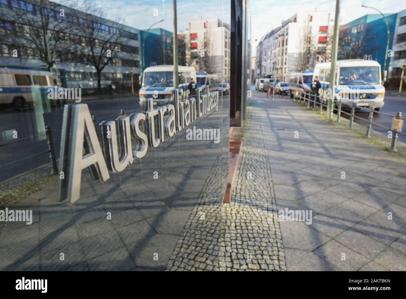Berlin, Germany. 10th Jan, 2020. View of the Australian Embassy in  Wallstraße. Under the motto "Stop