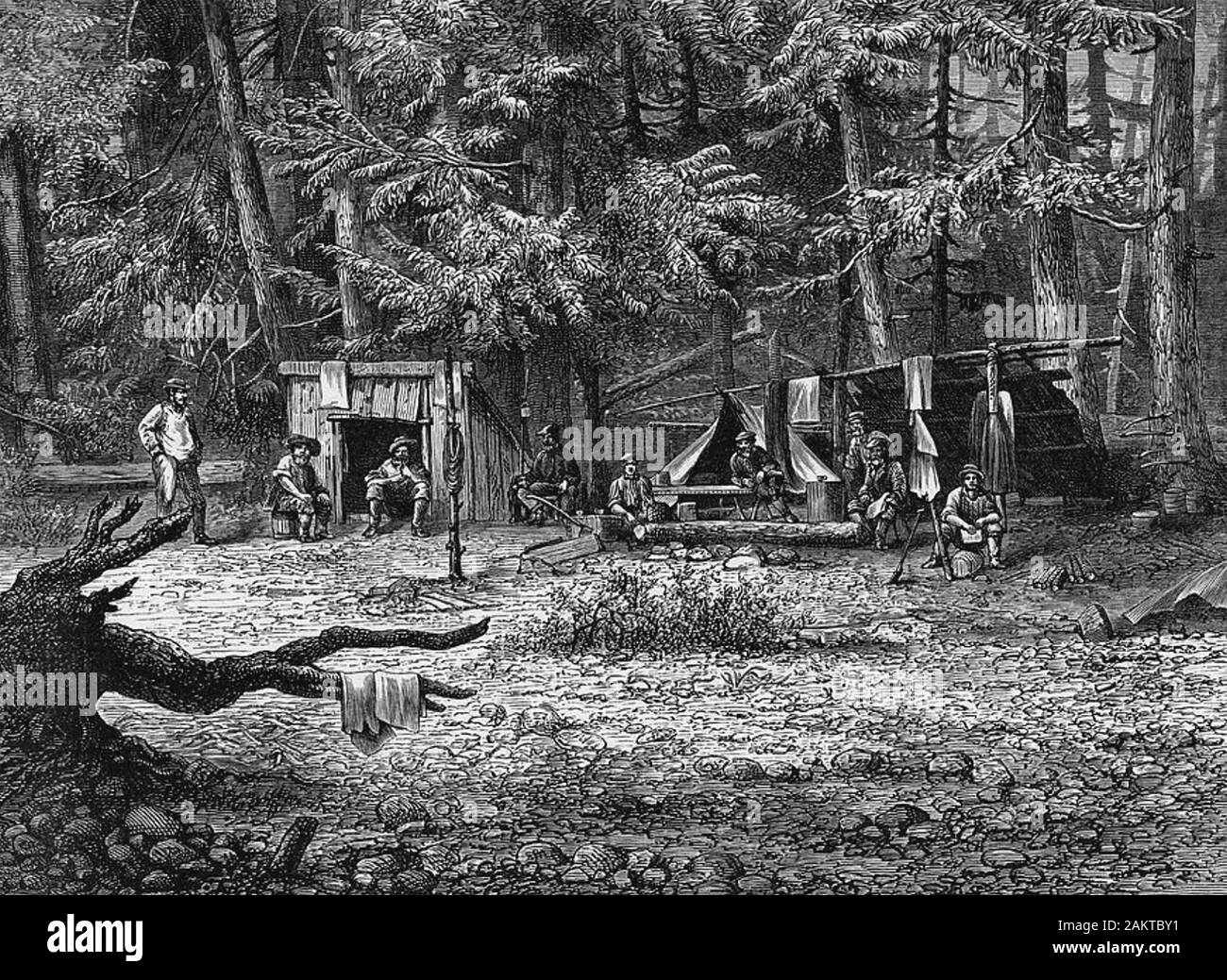 AMERICAN GOLD MINERS at their camp in the 1860s Stock Photo