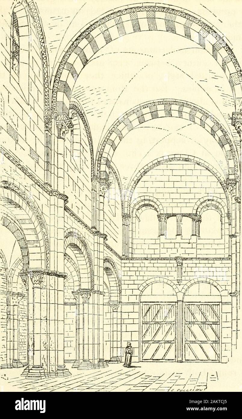 Byzantine and Romanesque architecture . responds bay by bay with that of the aisle (Fig. 93).No attempt was made to raise the side arches to thelevel of the transverse, but they were high enough togive plenty of room for a good clerestory, and theircross vault was ramped upwards intersecting with themain longitudinal vault as best it could. In this way agood light was acquired for the nave, and the difficultyof the continuous thrust of a barrel vault was avoided.For the effect of cross-vaulting is to concentrate all thethrust on isolated points, that is on the piers that dividebay from bay. Bu Stock Photo