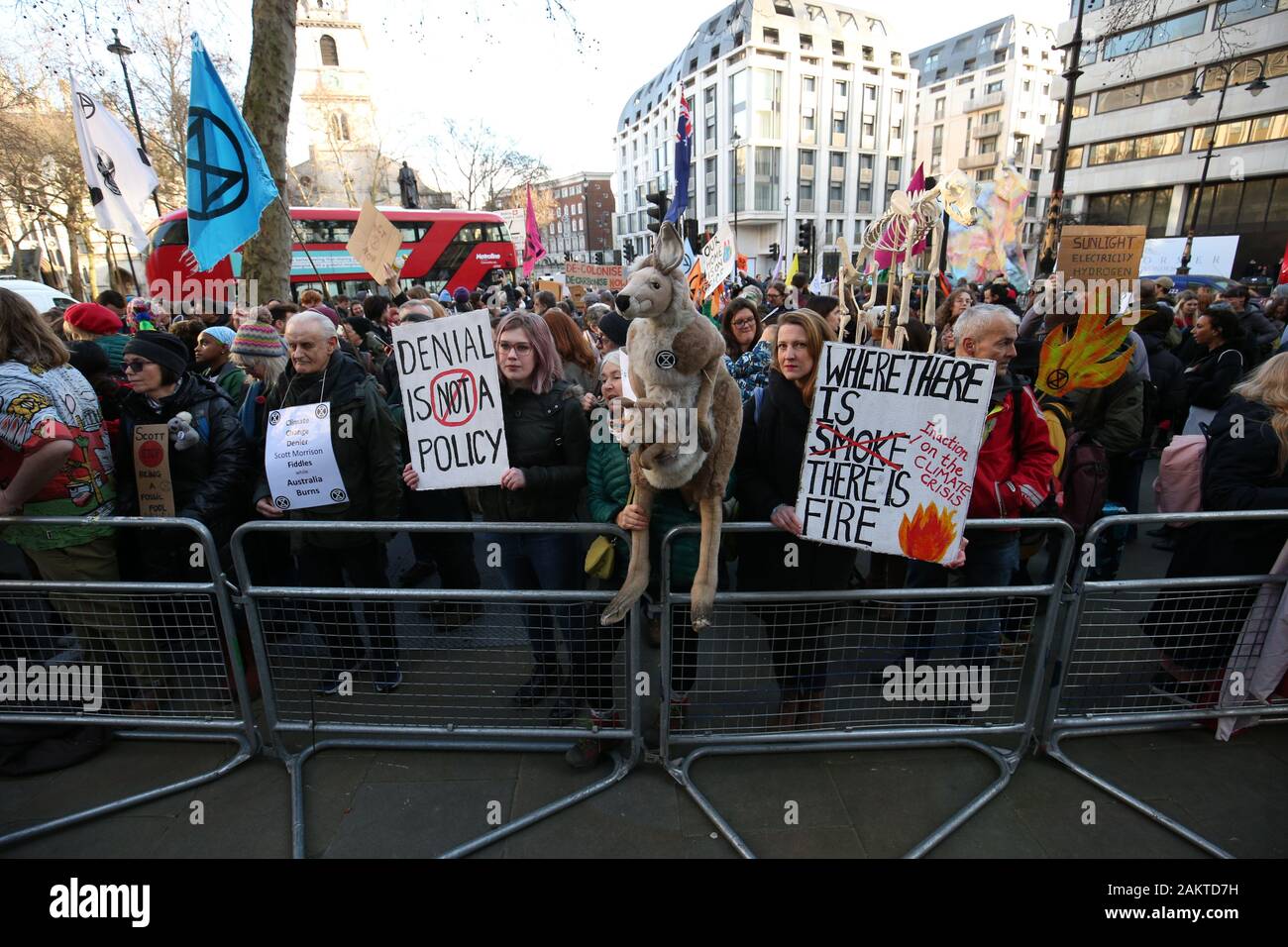 Climate change protesters outside the Australian Embassy in London, where Extinction Rebellion are staging a protest against the Australian government's response to the wildfires in Australia. Stock Photo