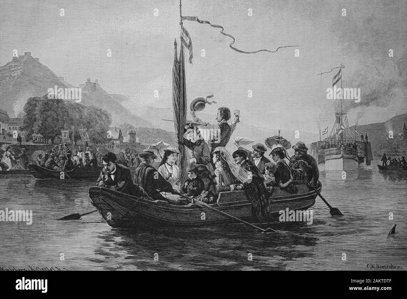fine people on a sunday trip by boat on the Rhine, Germany  /  Gute Leute auf einem Sonntagsausflug mit dem Schiff auf dem Rhein, Deutschland, Historisch, digital improved reproduction of an original from the 19th century / digitale Reproduktion einer Originalvorlage aus dem 19. Jahrhundert Stock Photo