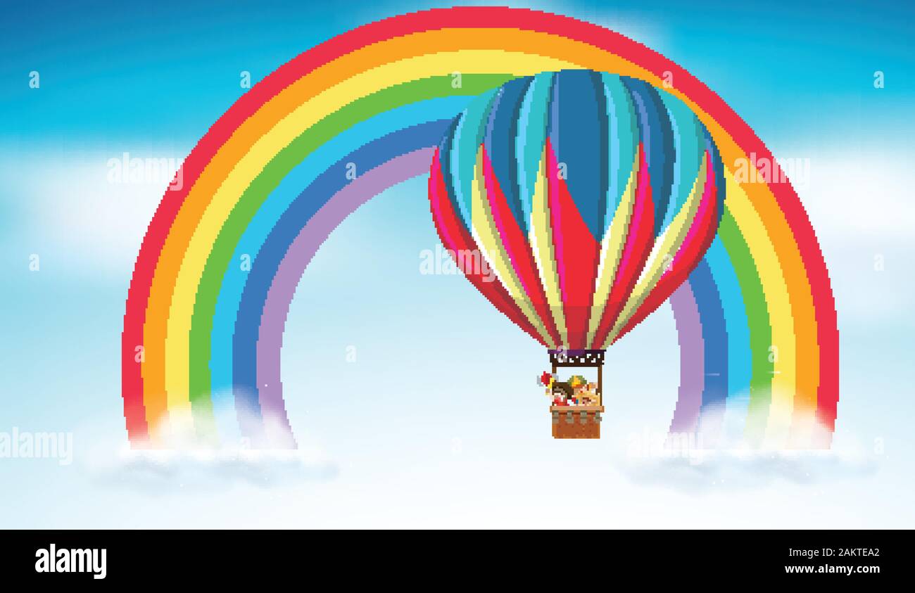 Scene with balloon flying in the rainbow sky illustration Stock Vector ...