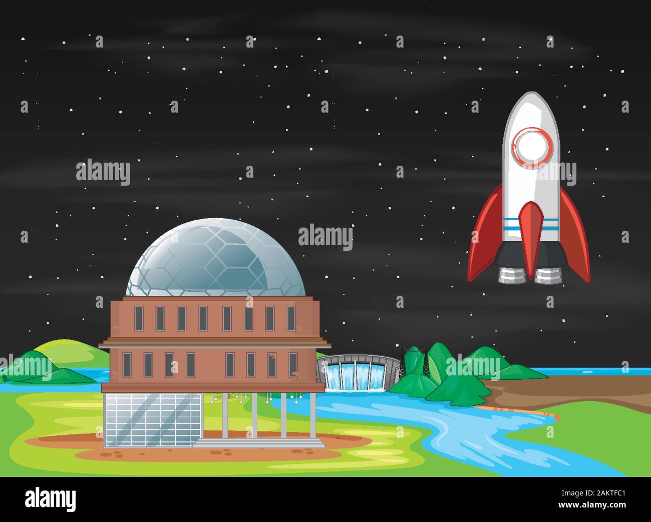 Scene with spaceship flying in the sky illustration Stock Vector Image ...