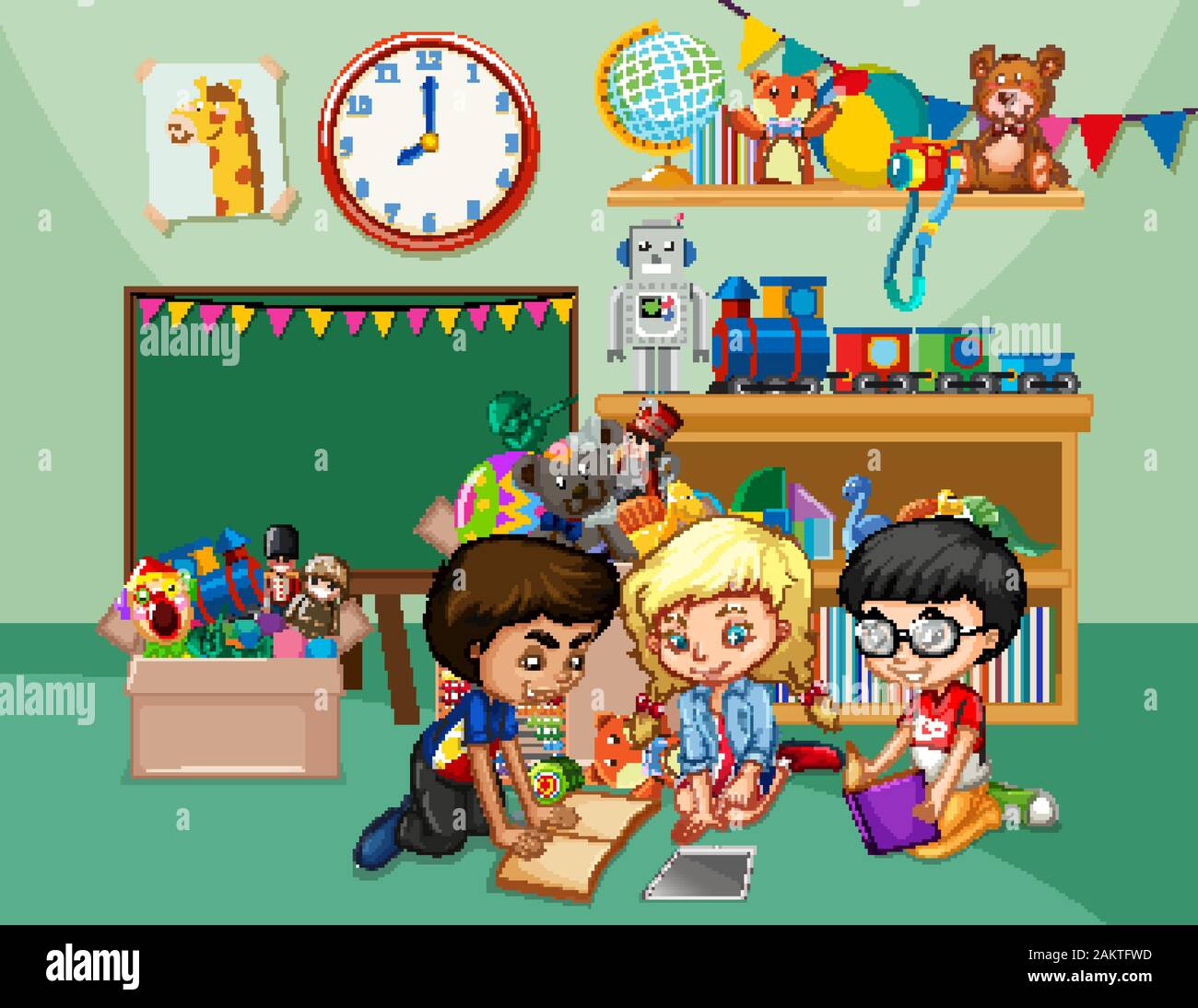 Scene with three kids reading books in the classroom illustration Stock ...