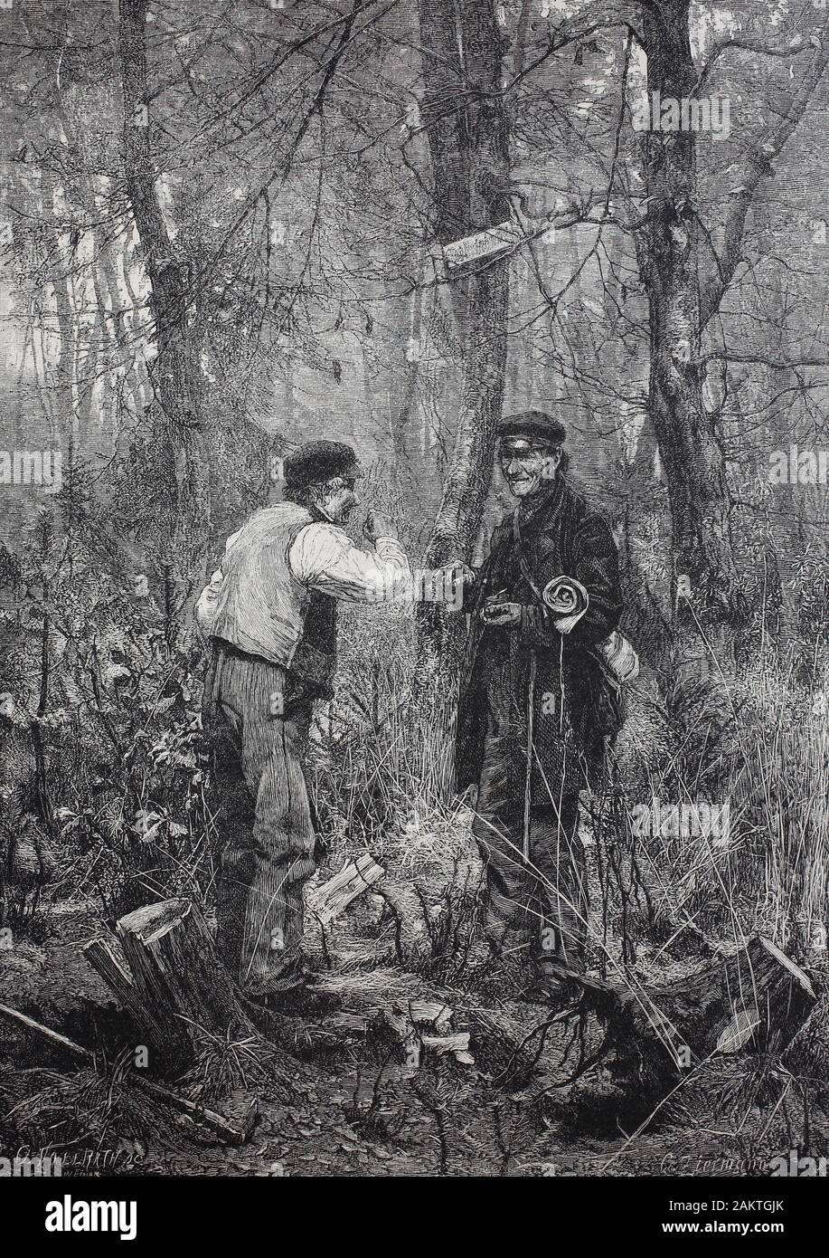 forest workers during a break  /  Waldarbeiter während einer Pause, Historisch, digital improved reproduction of an original from the 19th century / digitale Reproduktion einer Originalvorlage aus dem 19. Jahrhundert Stock Photo