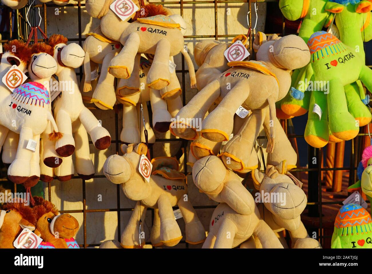 DOHA, QATAR 12 DEC 2019 Plush camel toys for sale as souvenirs in the