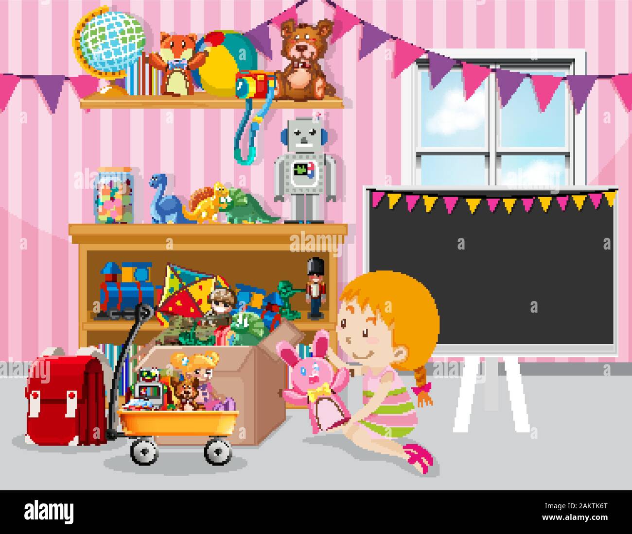 Scene with girl and many toys in the room illustration Stock Vector ...