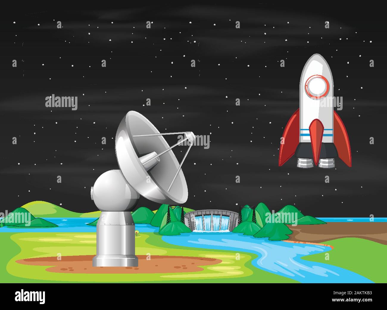 Scene with spaceship flying in the sky illustration Stock Vector Image ...