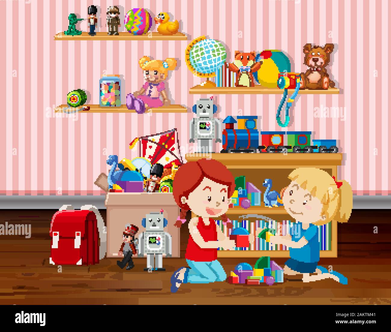 Scene with two girls playing blocks in the room illustration Stock ...