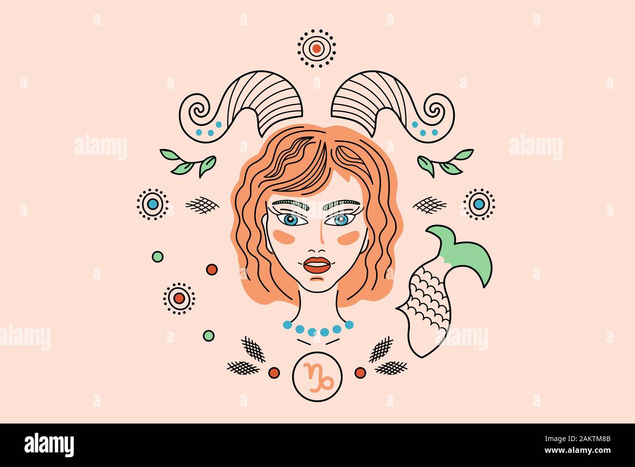 Illustration of zodiac signs constellations Capricorn, logo, tattoo. Girl or woman with horns and a fish tail, fantasy ornament in fairy tail style. Stock Photo