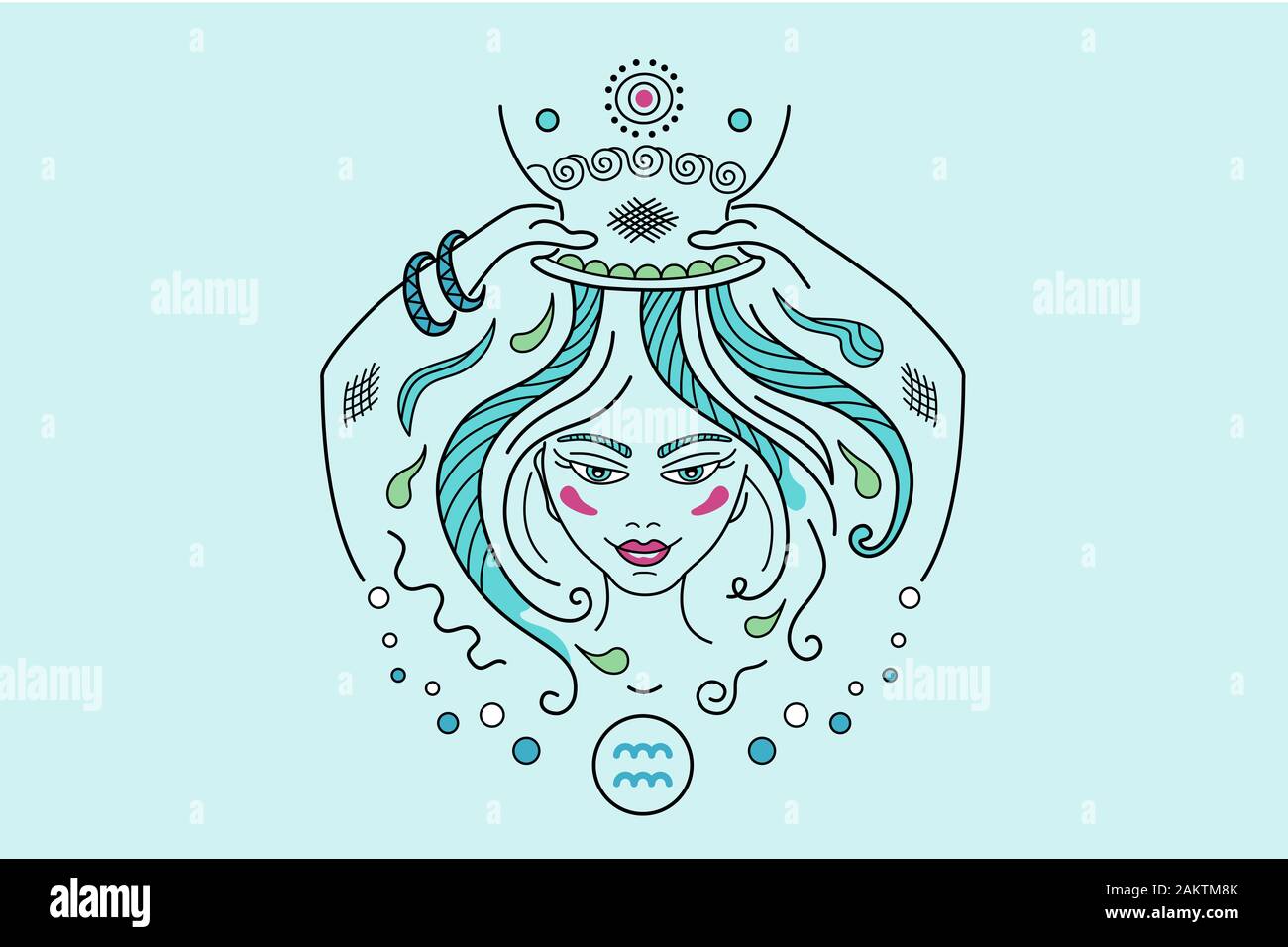 Aquarius constellation zodiac sign illustration, fantasy ornament in fairy style. Girl or woman take a shower from a pot, washing long hair. Shampoo l Stock Photo